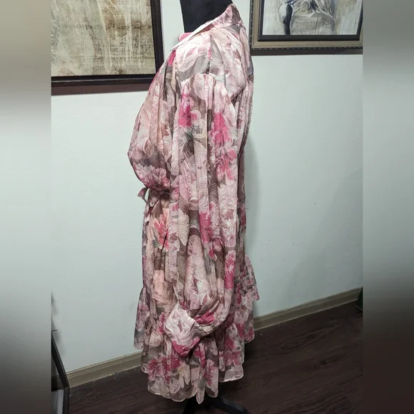 Alex Marie Lana Floral Print Long Puffed Sleeve Mock Neck Tiered Hem Dress
